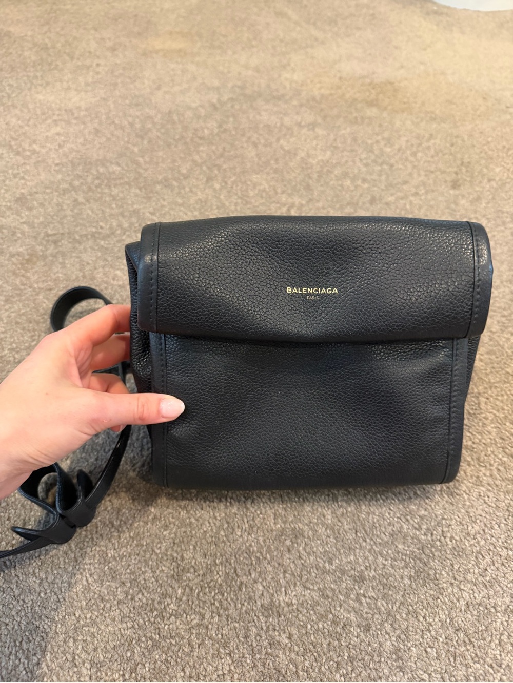 Balenciaga Black Pebbled Leather Small Shoulder Bag with Gold Logo